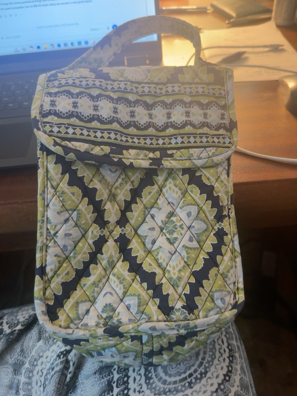 Vera Bradley Green and Black Quilted Diamond-Pattern Lunch Tote